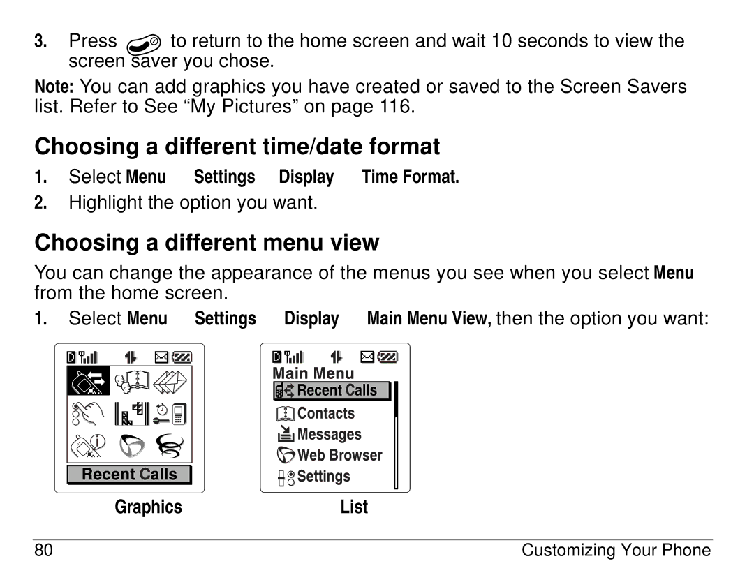 Kyocera 3225, 3200 series manual Choosing a different time/date format, Choosing a different menu view, GraphicsList 