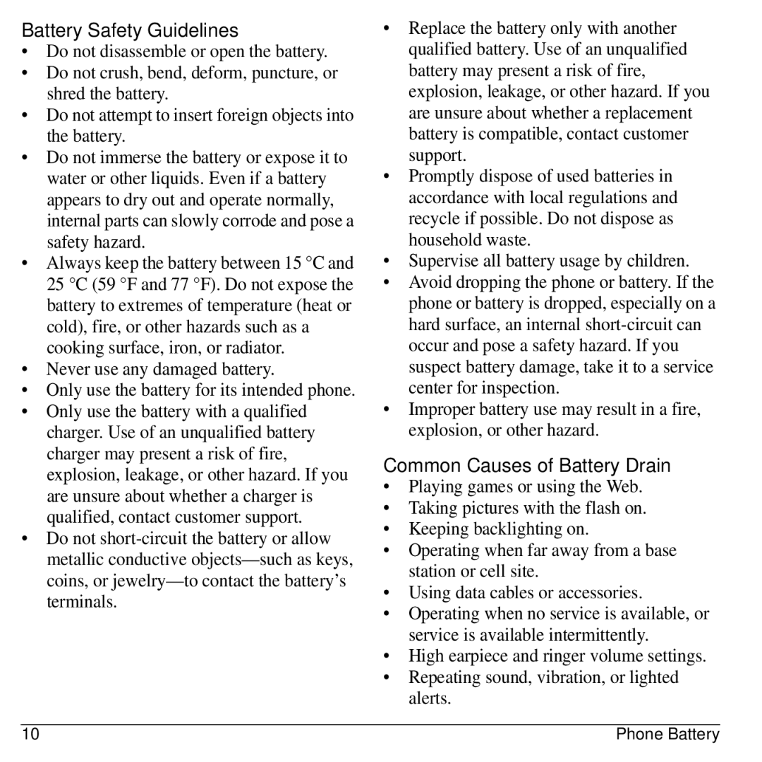 Kyocera 32300 manual Battery Safety Guidelines, Common Causes of Battery Drain, Never use any damaged battery 