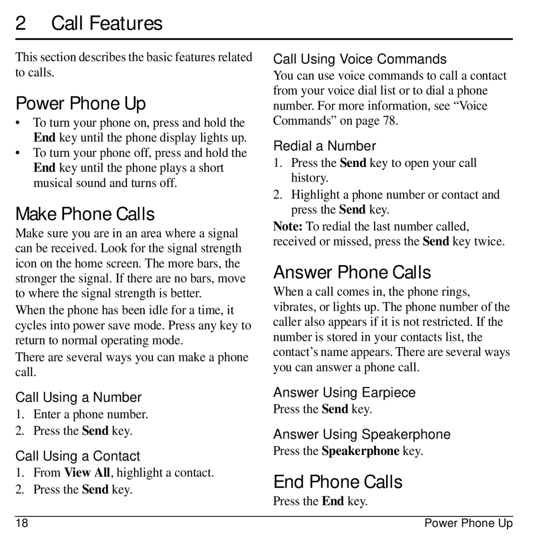 Kyocera 32300 manual Call Features, Power Phone Up, Make Phone Calls, Answer Phone Calls, End Phone Calls 