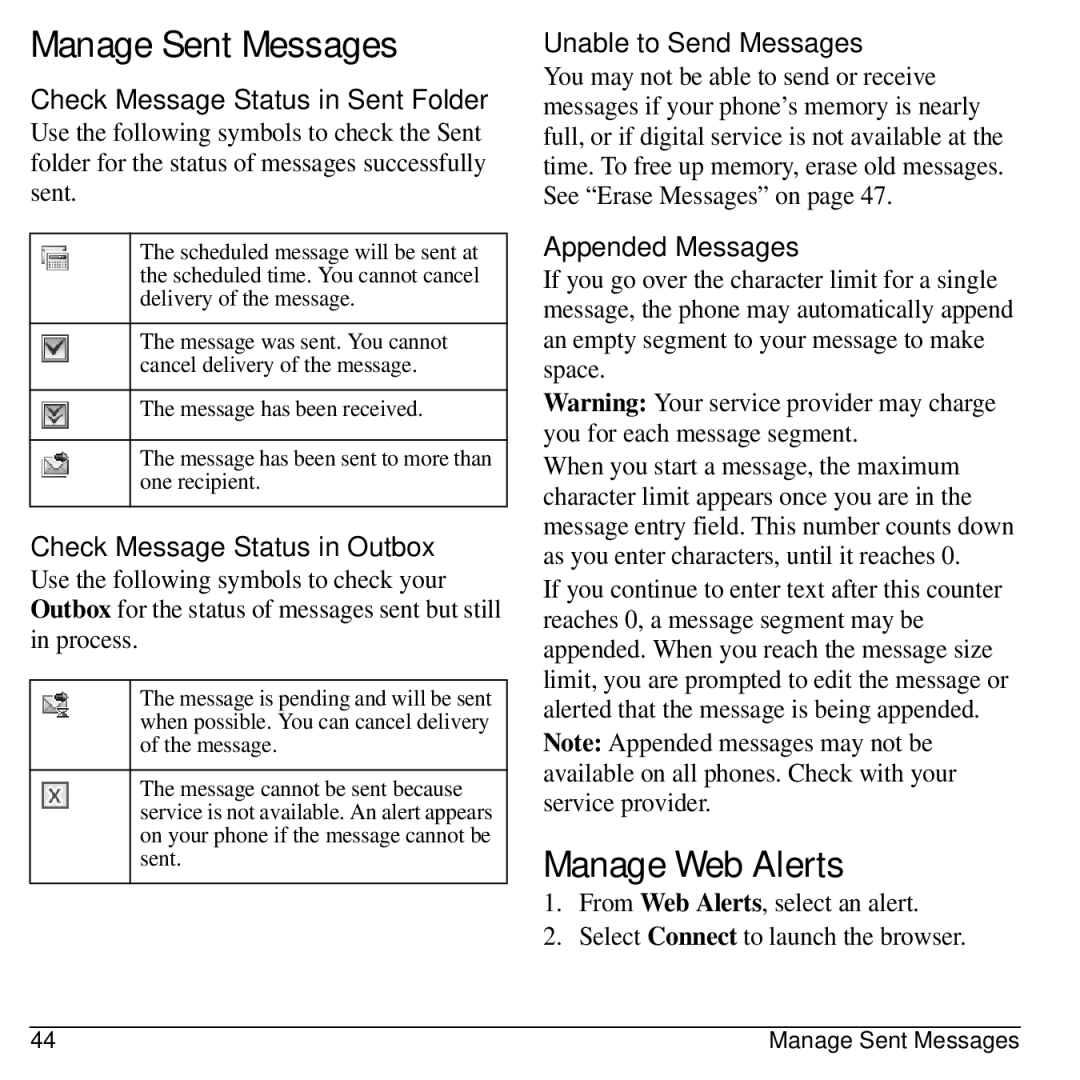 Kyocera 32300 manual Manage Sent Messages, Manage Web Alerts 