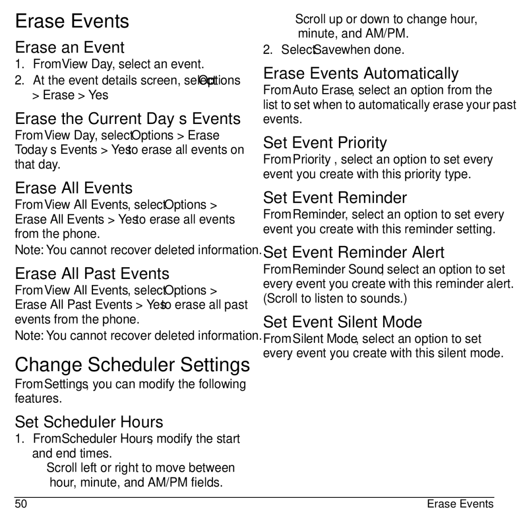 Kyocera 32300 manual Erase Events, Change Scheduler Settings 