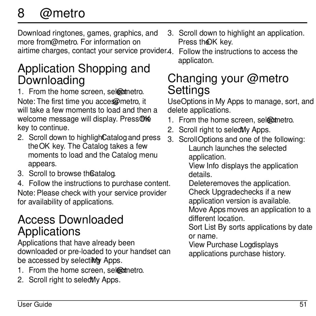 Kyocera 32300 Application Shopping and Downloading, Access Downloaded Applications, Changing your @metro Settings 