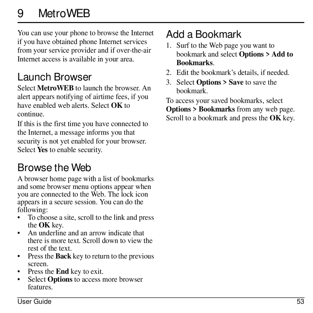 Kyocera 32300 manual MetroWEB, Launch Browser, Browse the Web, Add a Bookmark, Select Options Save to save the bookmark 