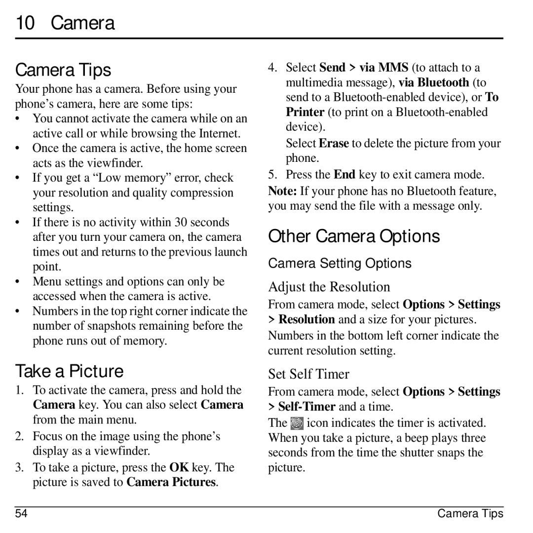 Kyocera 32300 manual Camera Tips, Take a Picture, Other Camera Options, Camera Setting Options 