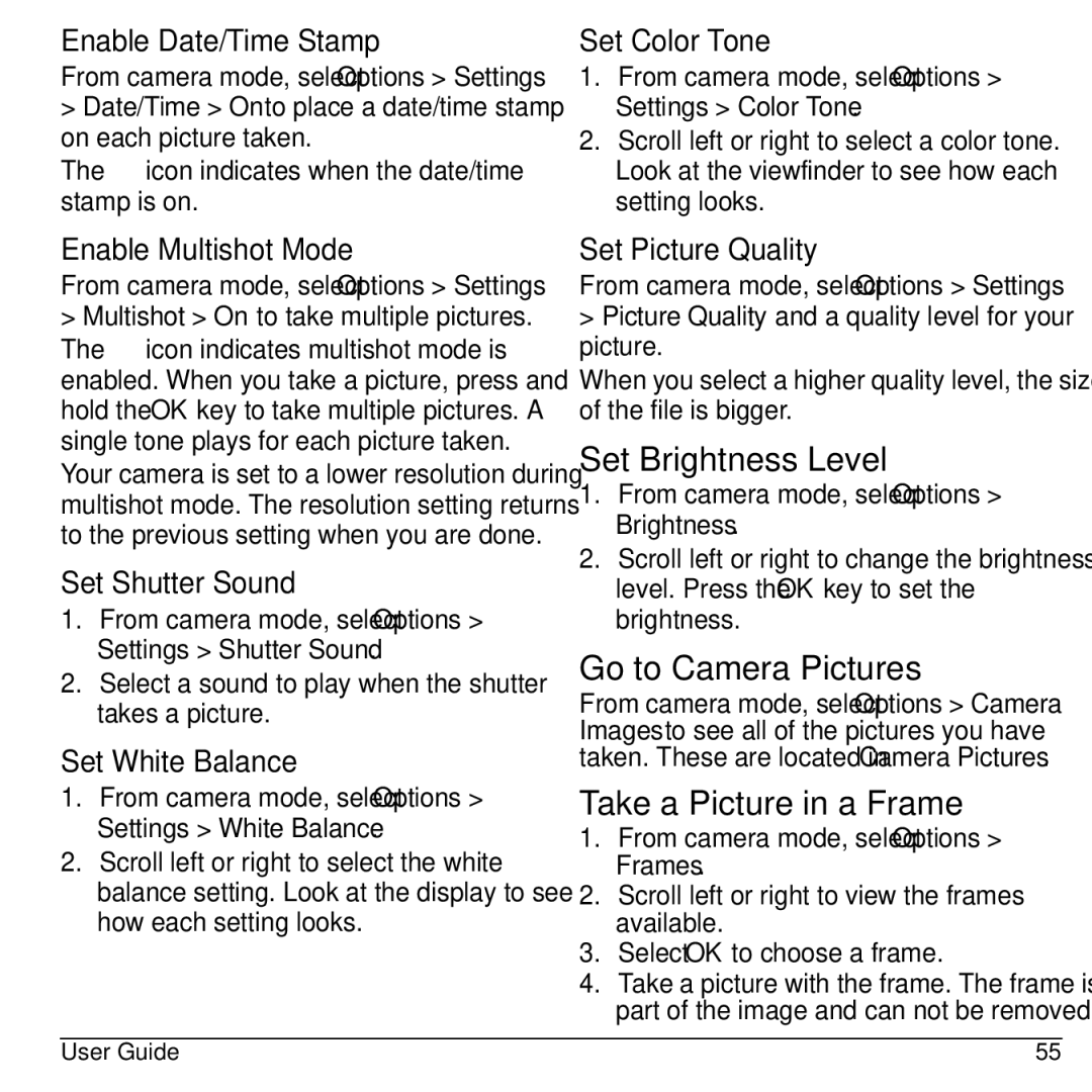 Kyocera 32300 manual Set Brightness Level, Go to Camera Pictures, Take a Picture in a Frame 