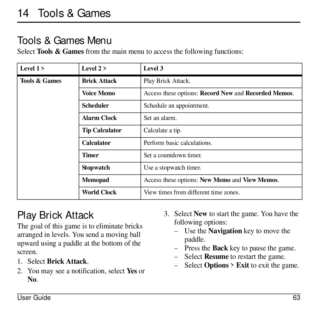 Kyocera 32300 manual Tools & Games Menu, Play Brick Attack, Select Resume to restart the game 
