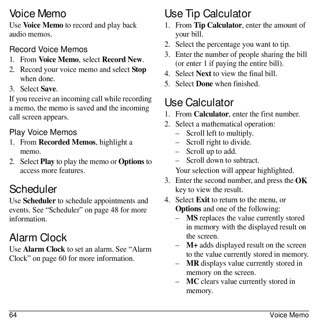 Kyocera 32300 manual Voice Memo, Scheduler, Alarm Clock, Use Tip Calculator, Use Calculator 