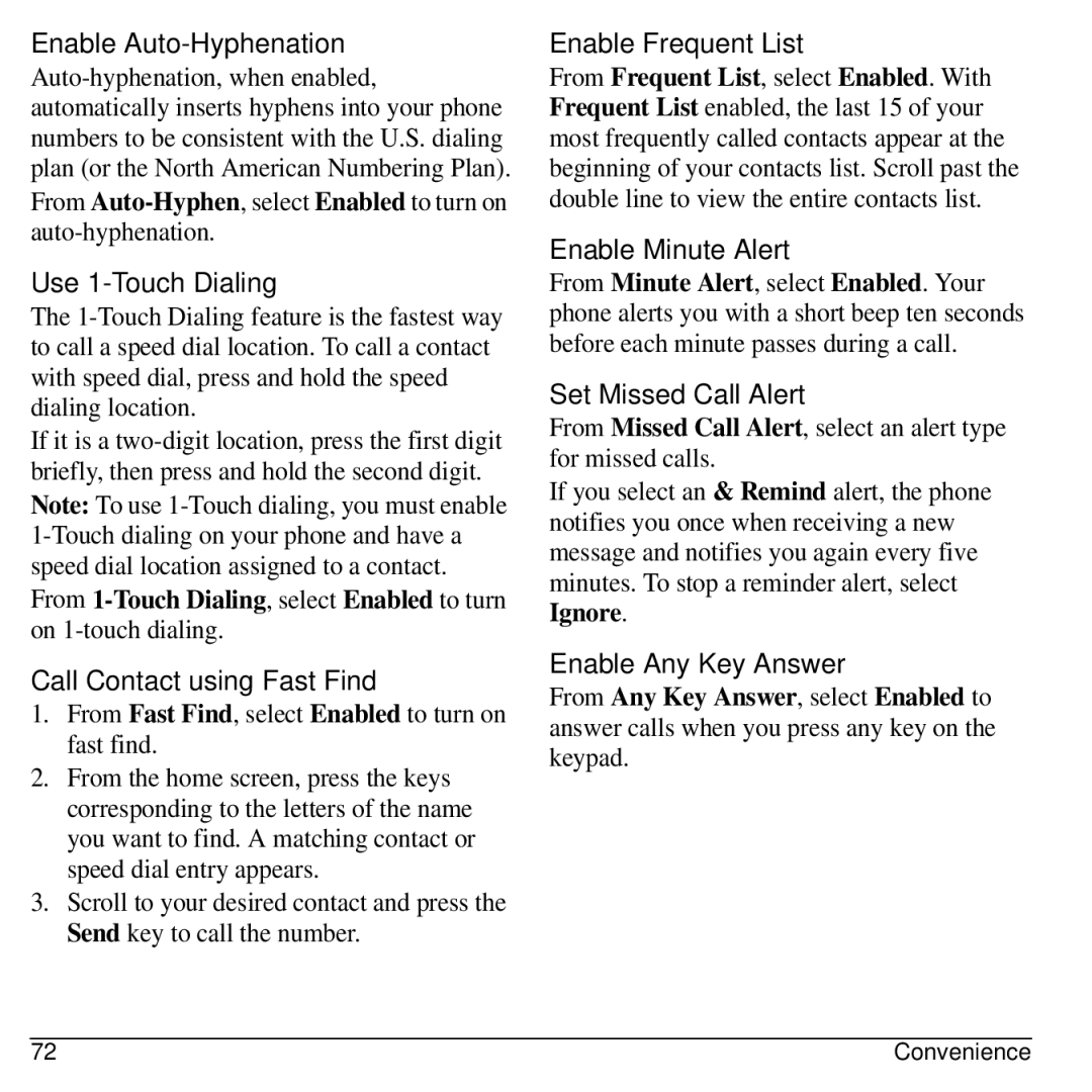 Kyocera 32300 manual Enable Auto-Hyphenation, Use 1-Touch Dialing, Call Contact using Fast Find, Enable Frequent List 