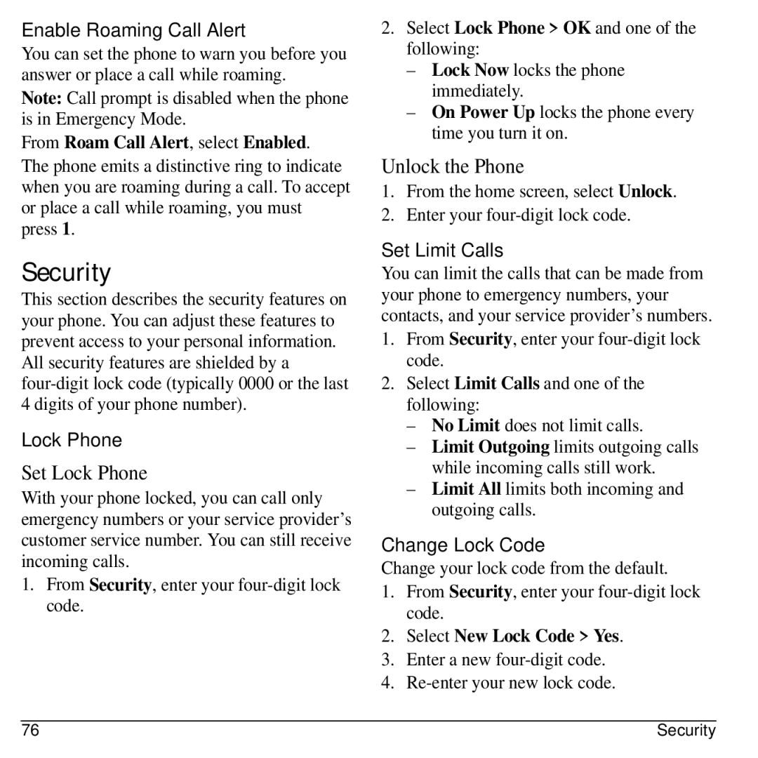 Kyocera 32300 manual Security, Enable Roaming Call Alert, Lock Phone, Set Limit Calls, Change Lock Code 