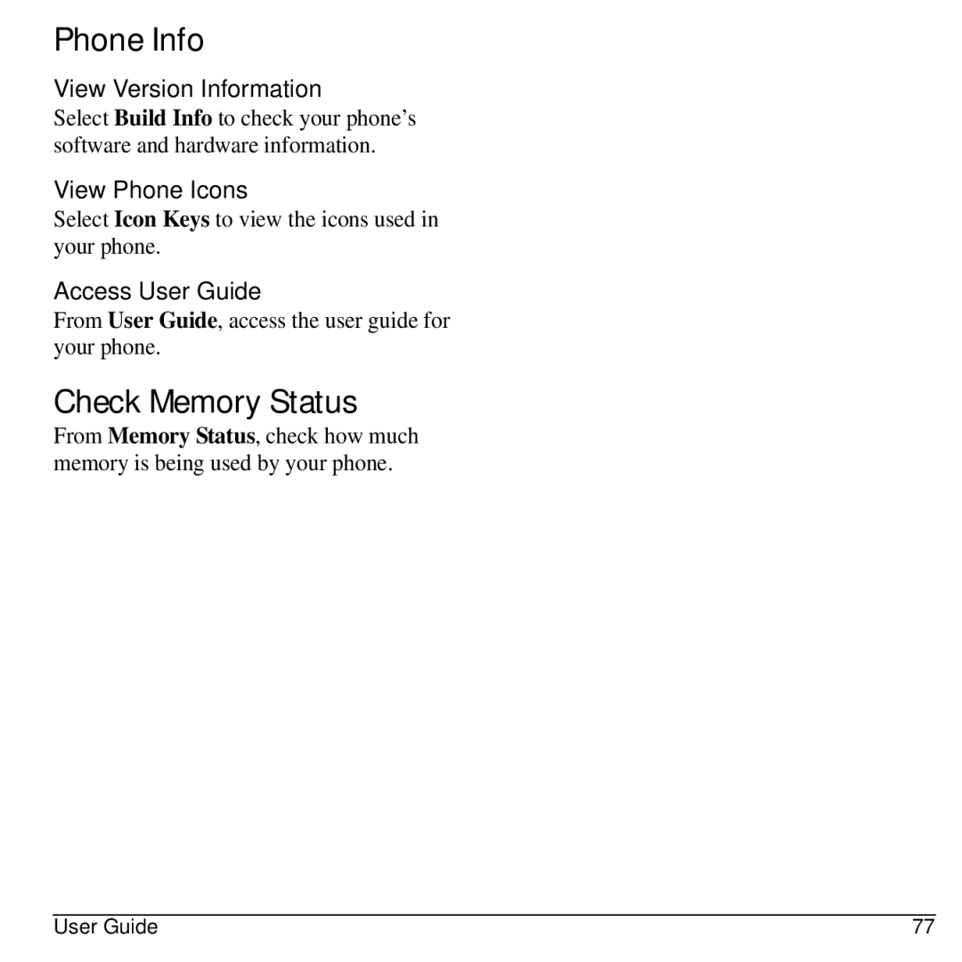 Kyocera 32300 manual Phone Info, Check Memory Status, View Version Information, View Phone Icons, Access User Guide 