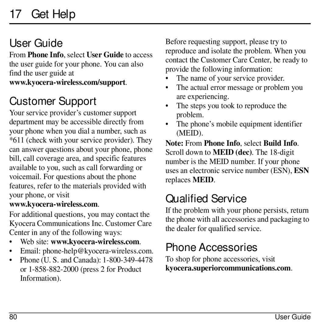 Kyocera 32300 manual Get Help, User Guide Customer Support, Qualified Service, Phone Accessories 