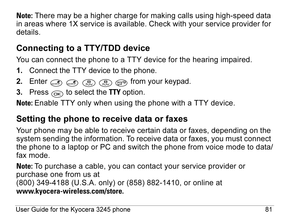 Kyocera 3245 manual Connecting to a TTY/TDD device, Setting the phone to receive data or faxes 