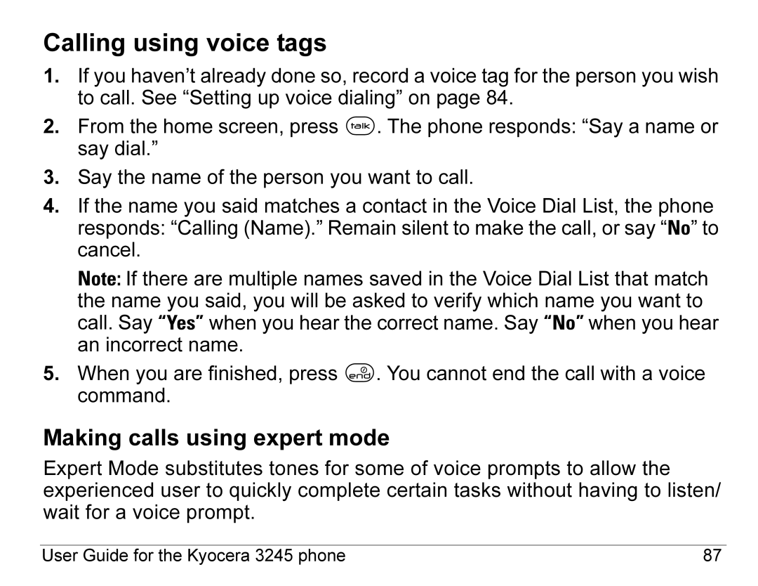 Kyocera 3245 manual Calling using voice tags, Making calls using expert mode 