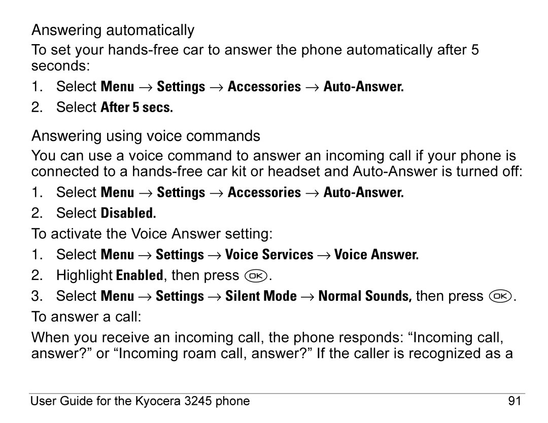 Kyocera 3245 manual Answering automatically, Answering using voice commands 