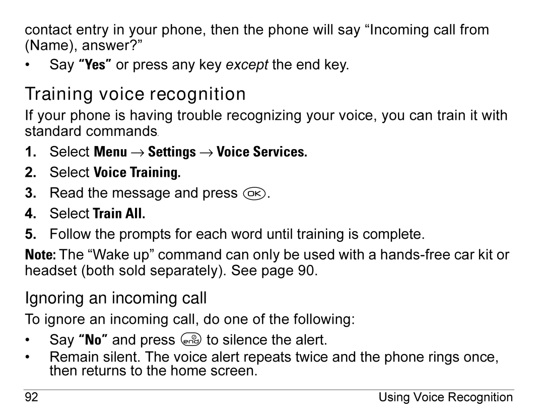 Kyocera 3245 manual Training voice recognition, Ignoring an incoming call, Select Train All 