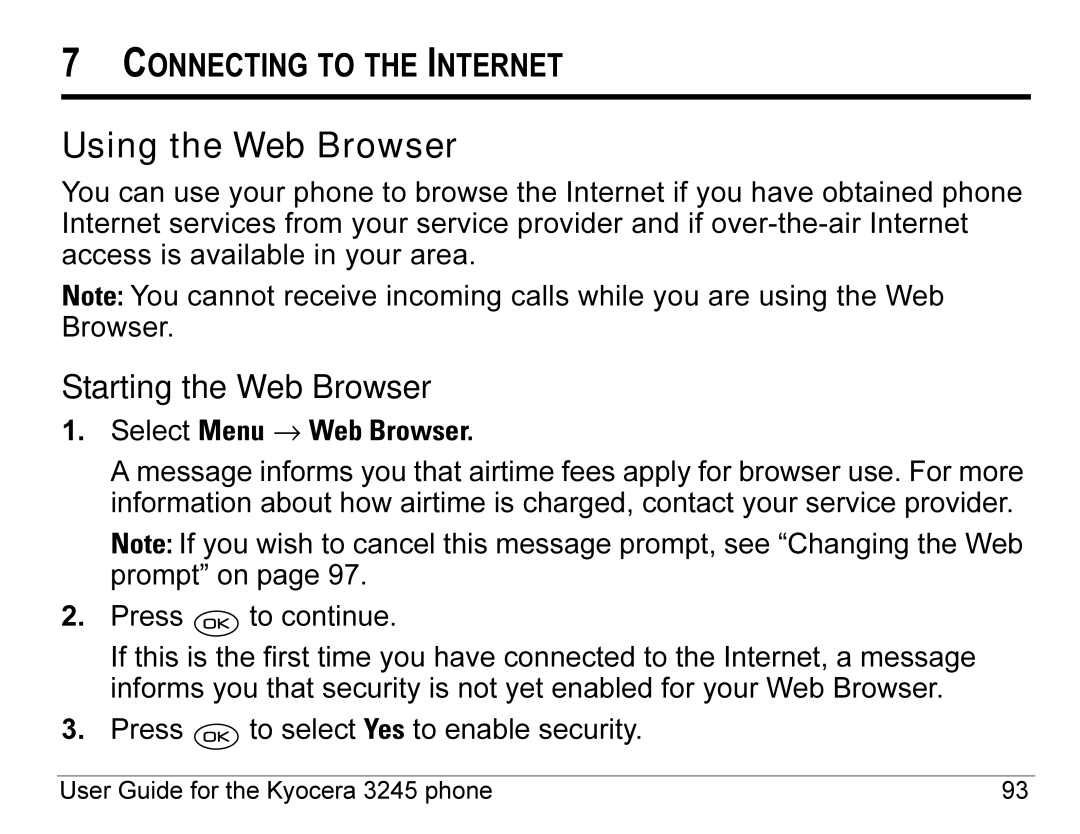 Kyocera 3245 manual Using the Web Browser, Starting the Web Browser, Select Menu → Web Browser 