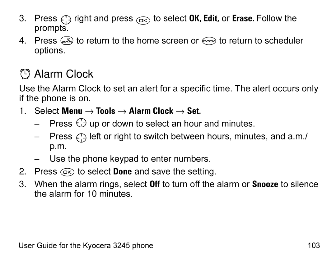 Kyocera 3245 manual Select Menu → Tools → Alarm Clock → Set 