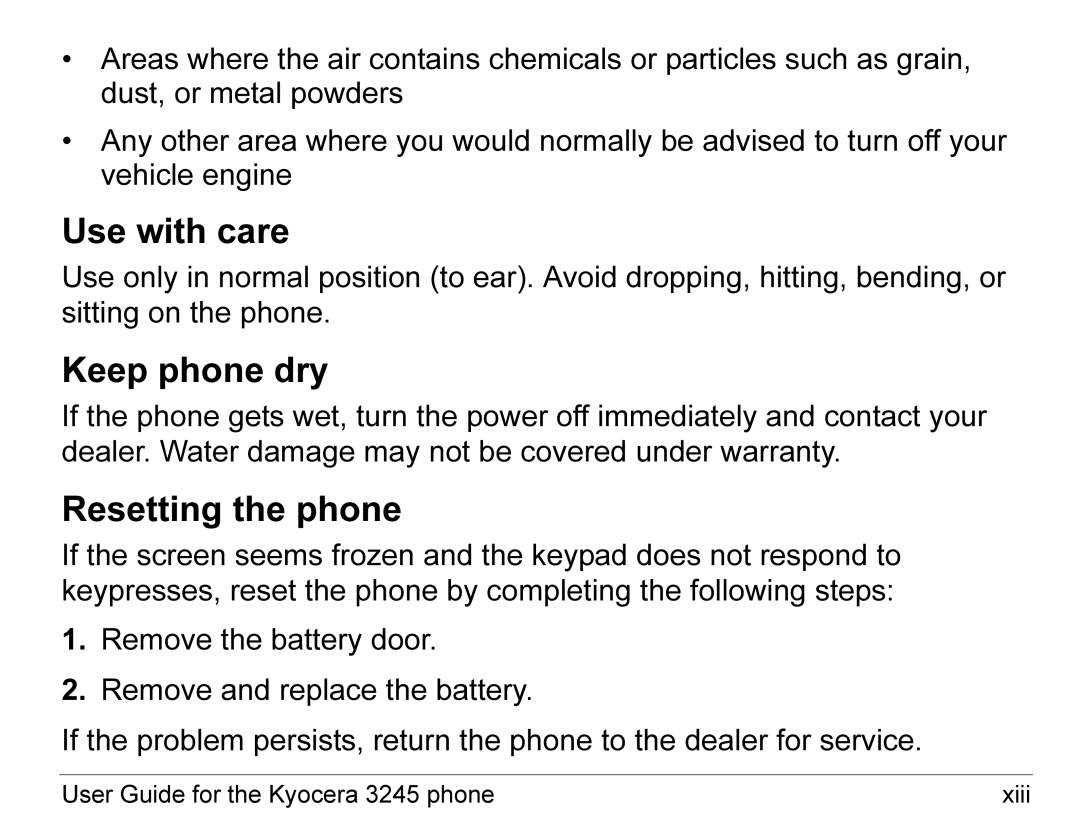 Kyocera 3245 manual Use with care, Keep phone dry, Resetting the phone 