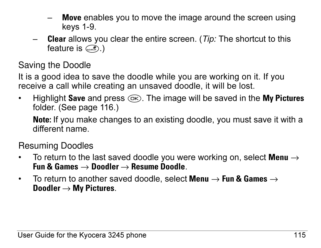 Kyocera 3245 manual Saving the Doodle, Resuming Doodles 