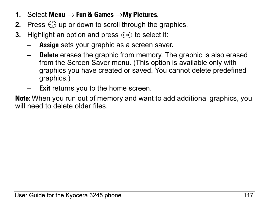 Kyocera 3245 manual Select Menu → Fun & Games →My Pictures 