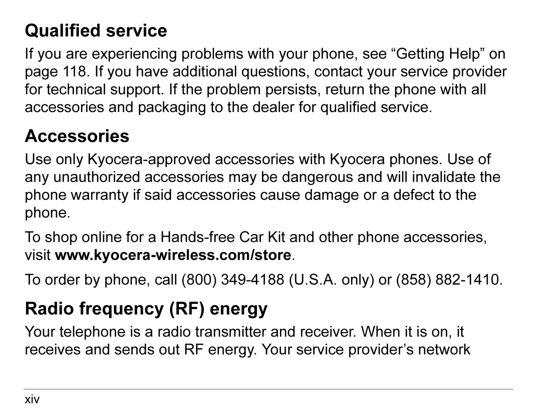 Kyocera 3245 manual Qualified service, Accessories, Radio frequency RF energy 