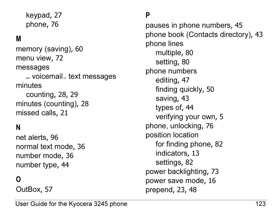 Kyocera 3245 manual Counting, 28, 29 minutes counting, 28 missed calls 