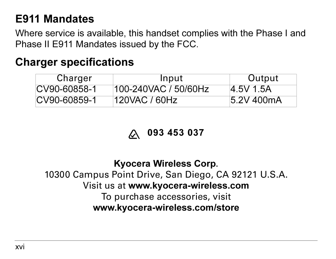 Kyocera 3245 manual E911 Mandates, Charger specifications 