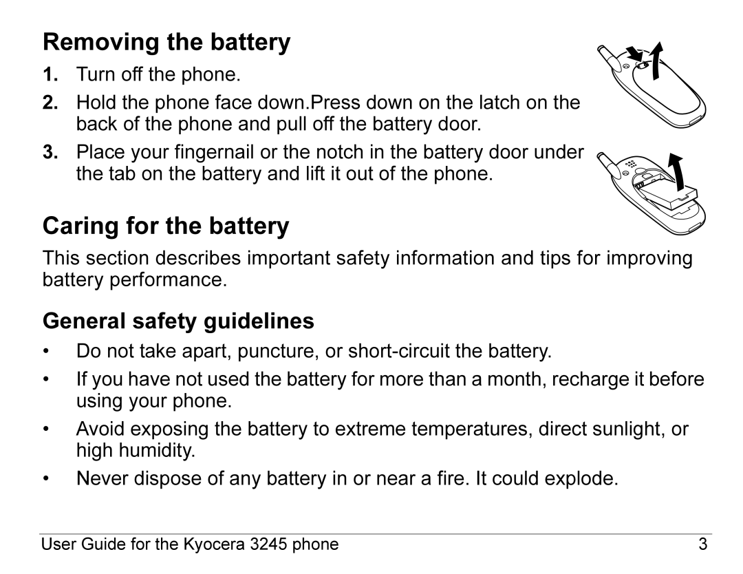 Kyocera 3245 manual Removing the battery, Caring for the battery, General safety guidelines 