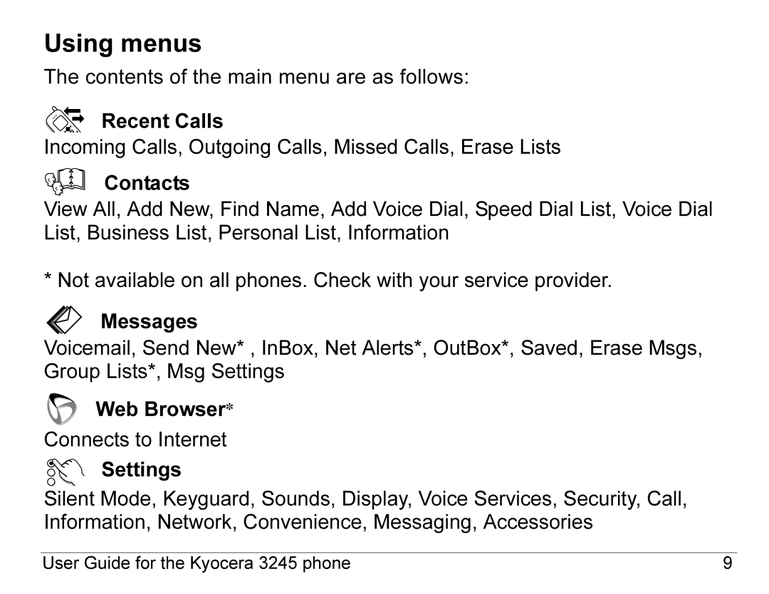 Kyocera 3245 manual Using menus 