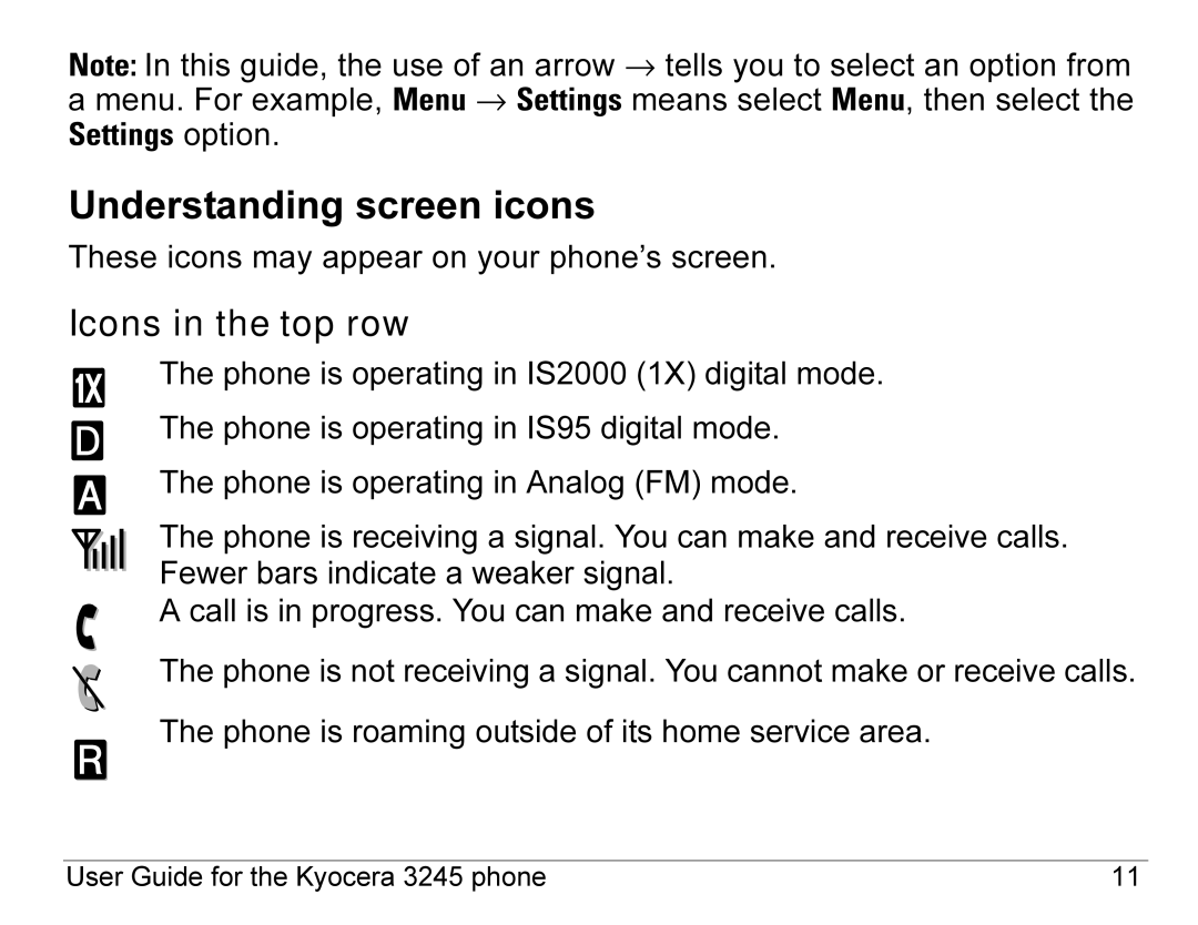 Kyocera 3245 manual Understanding screen icons, Icons in the top row 