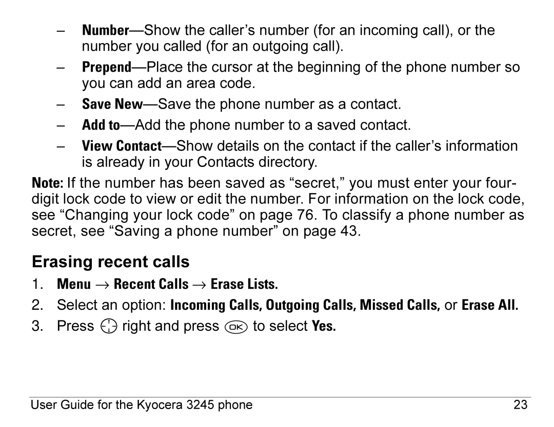 Kyocera 3245 manual Erasing recent calls, Menu → Recent Calls → Erase Lists 