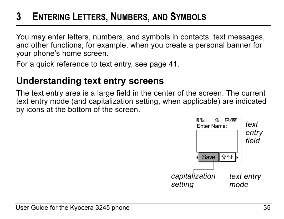 Kyocera 3245 manual Understanding text entry screens, Entering LETTERS, NUMBERS, and Symbols 