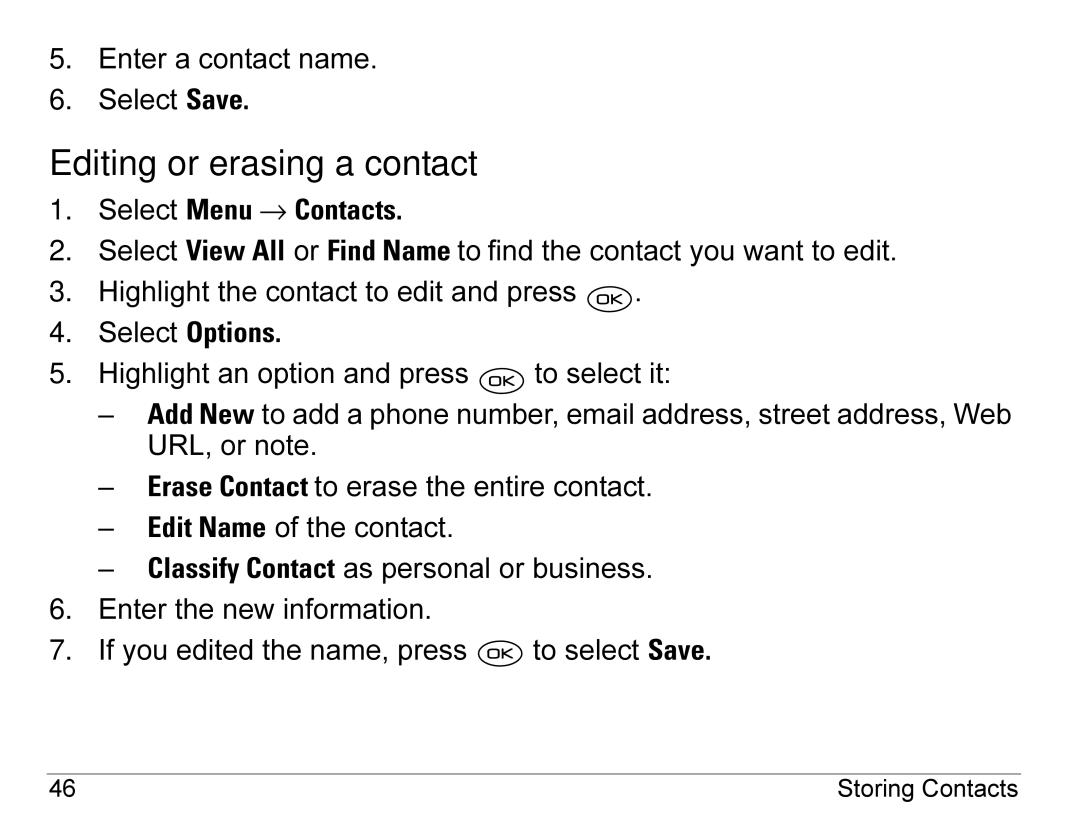 Kyocera 3245 manual Editing or erasing a contact, Select Menu → Contacts, Select Options 