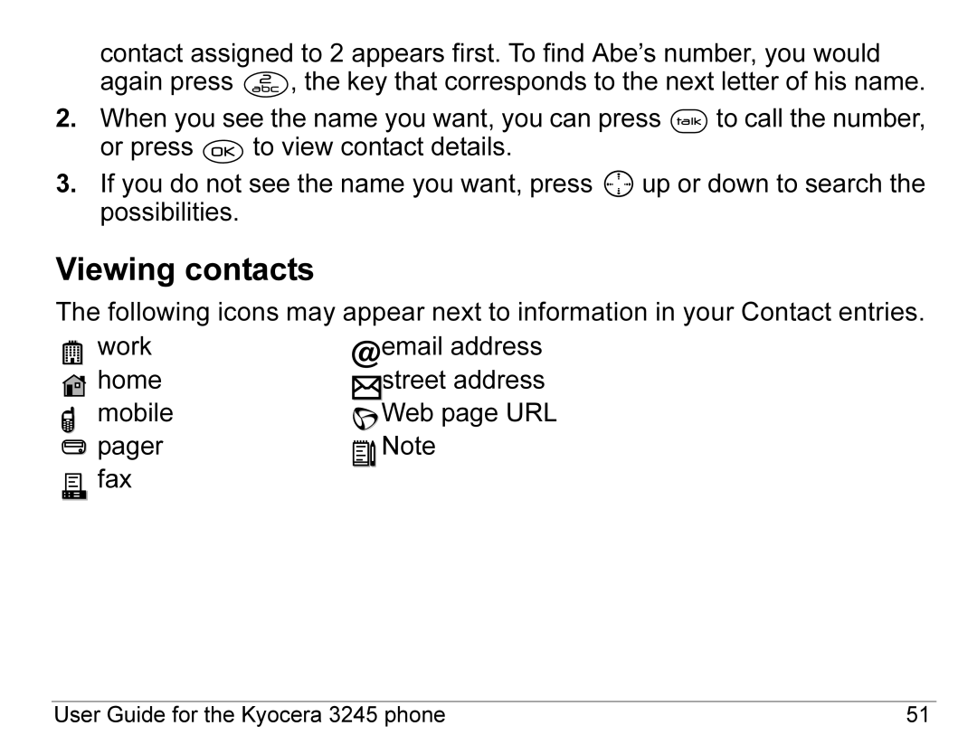 Kyocera 3245 manual Viewing contacts 