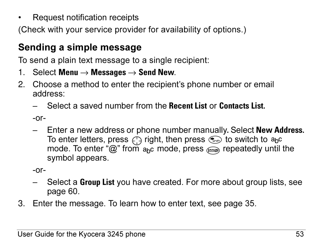 Kyocera 3245 manual Sending a simple message, Select Menu → Messages → Send New 