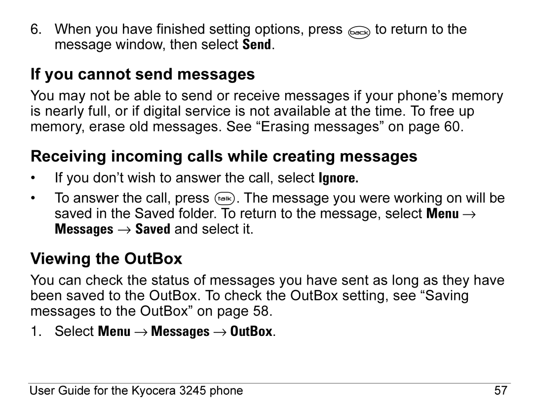 Kyocera 3245 manual If you cannot send messages, Receiving incoming calls while creating messages, Viewing the OutBox 