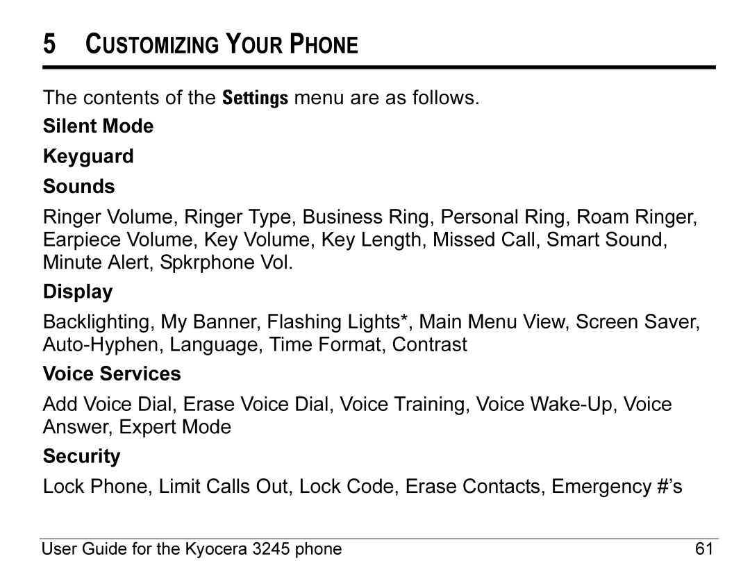 Kyocera 3245 manual Customizing Your Phone 