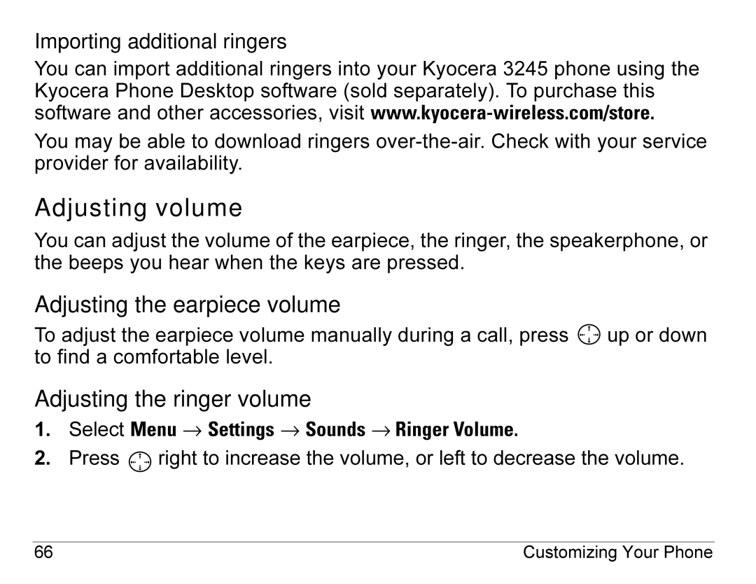 Kyocera 3245 Adjusting volume, Adjusting the earpiece volume, Adjusting the ringer volume, Importing additional ringers 