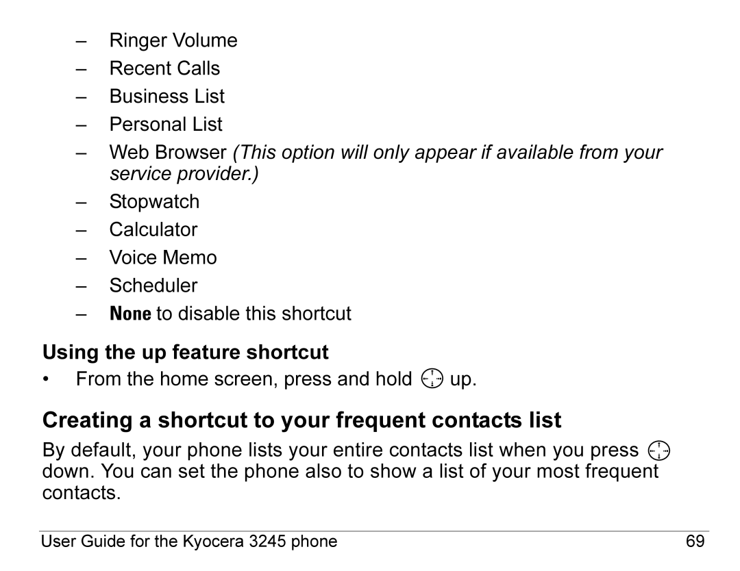 Kyocera 3245 manual Creating a shortcut to your frequent contacts list, Using the up feature shortcut 