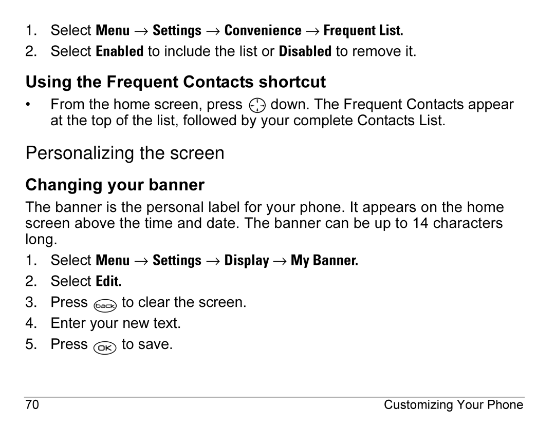 Kyocera 3245 manual Personalizing the screen, Using the Frequent Contacts shortcut, Changing your banner 