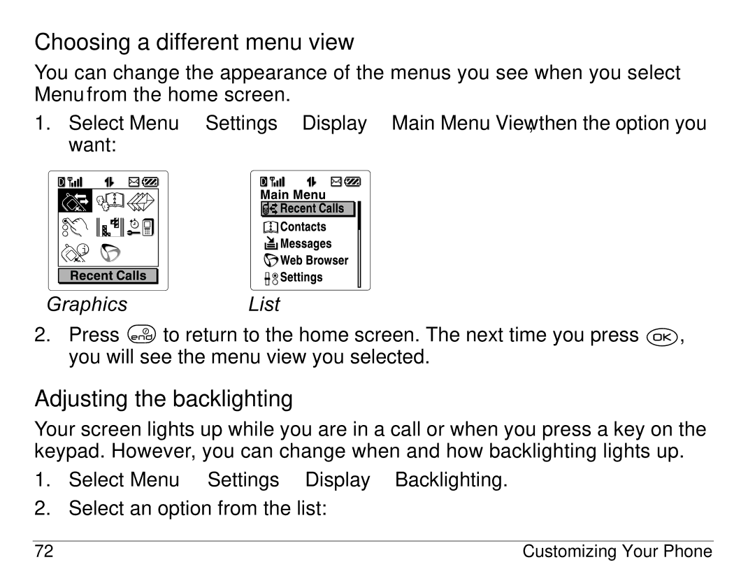 Kyocera 3245 Choosing a different menu view, Adjusting the backlighting, Select Menu → Settings → Display → Backlighting 