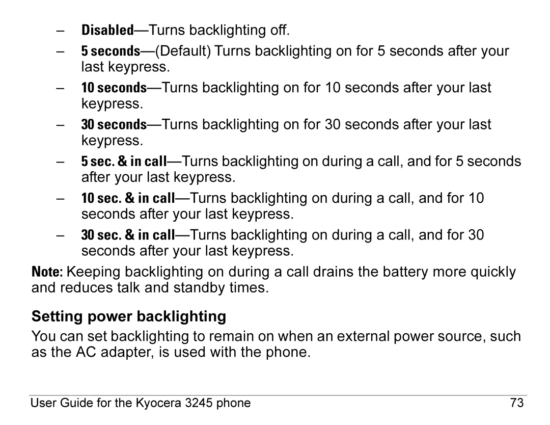 Kyocera 3245 manual Setting power backlighting 