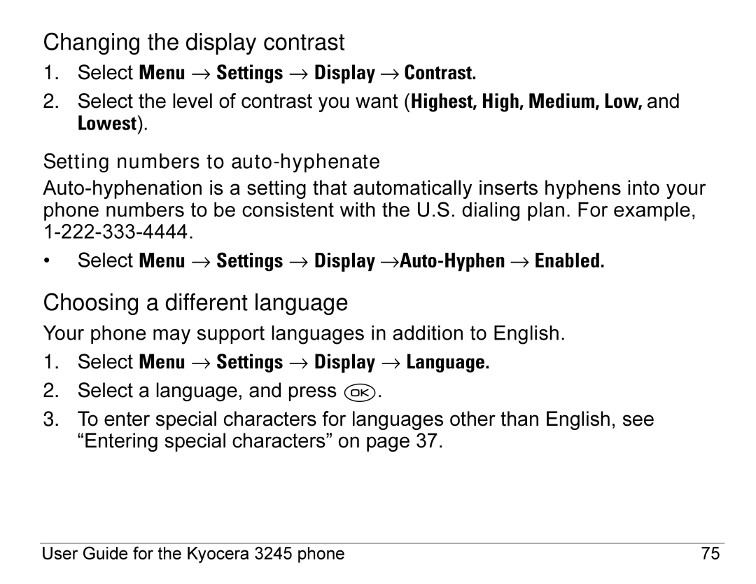 Kyocera 3245 Changing the display contrast, Choosing a different language, Select Menu → Settings → Display → Contrast 