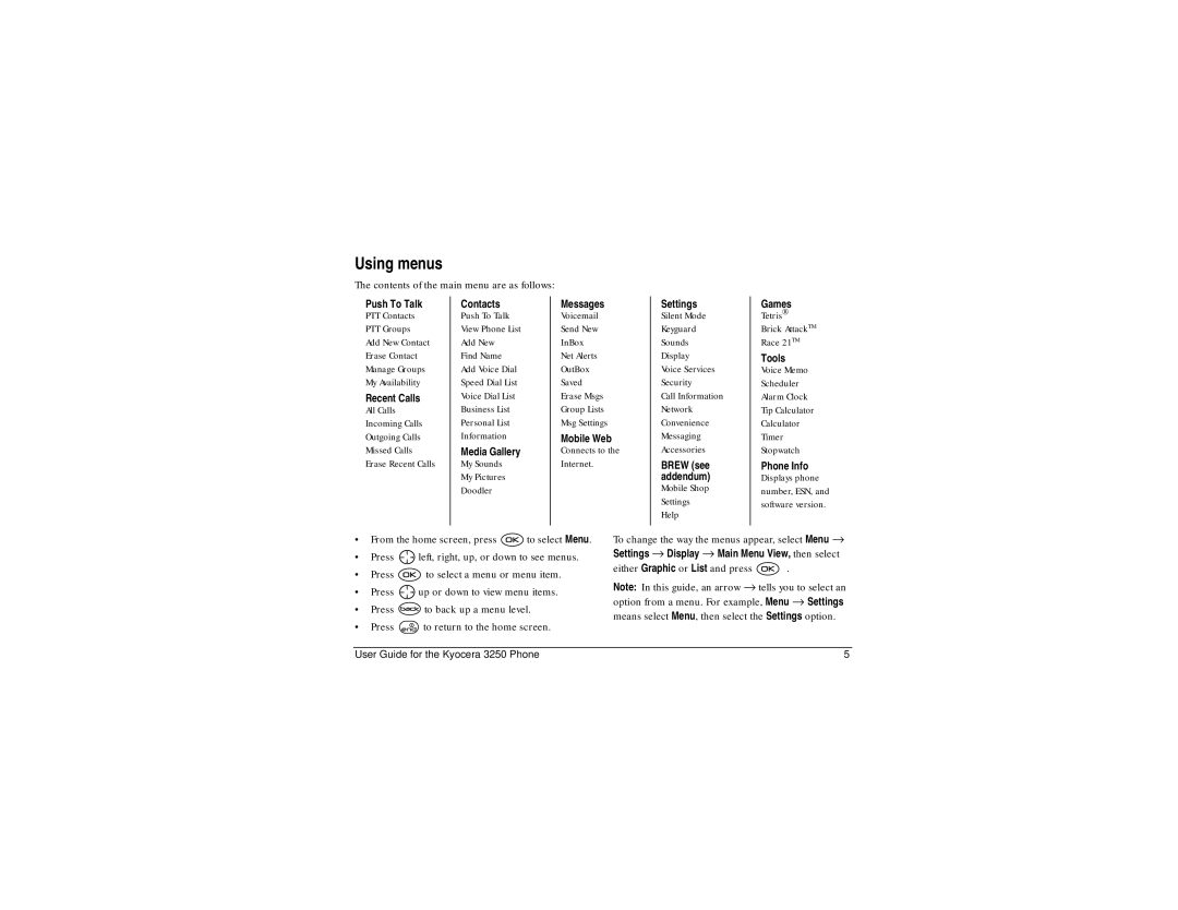 Kyocera 3250 manual Using menus, Contents of the main menu are as follows, Either Graphic or List and press 