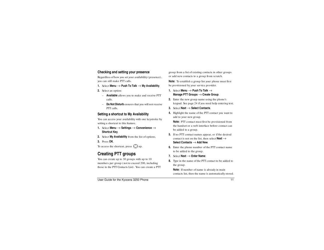 Kyocera 3250 manual Creating PTT groups, Checking and setting your presence, Setting a shortcut to My Availability 