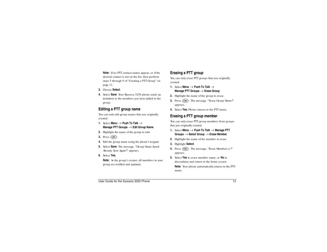 Kyocera 3250 manual Editing a PTT group name, Erasing a PTT group member 