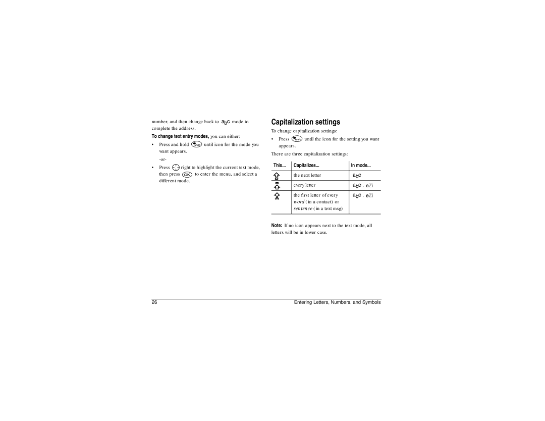 Kyocera 3250 manual Capitalization settings, Press and hold until icon for the mode you want appears, This Capitalizes Mode 