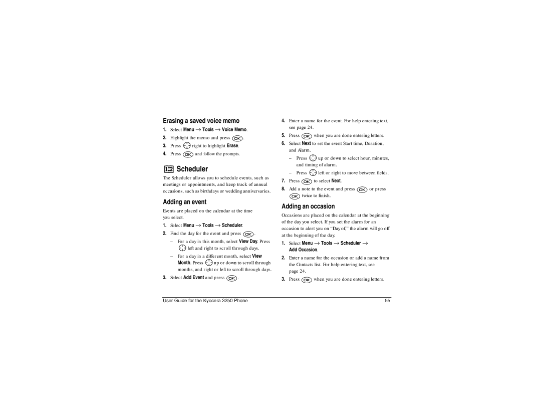 Kyocera 3250 manual Scheduler, Erasing a saved voice memo, Adding an event, Adding an occasion 
