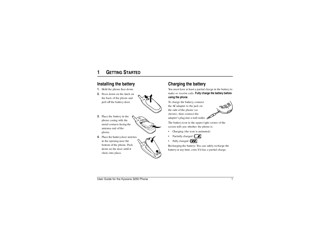 Kyocera 3250 manual Installing the battery, Charging the battery, Getting Started, Hold the phone face down 