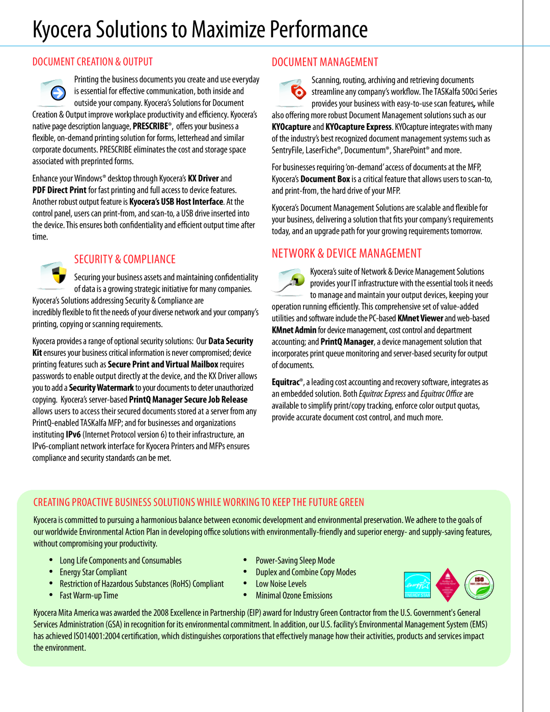 Kyocera 500ci Series manual Document Management, Security & Compliance, Document Creation & Output 